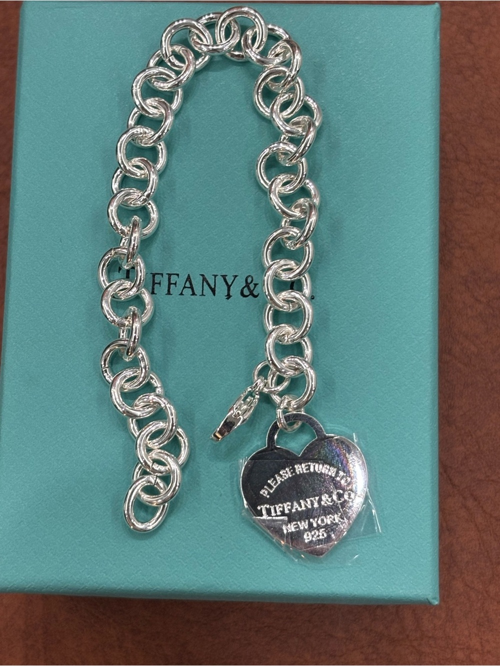 Tiffany & Co. Silver Heart Tag Charm Bracelet on Tiffany Blue Box